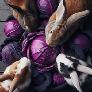 rabbits eating purple cabbage from a bird's eye view